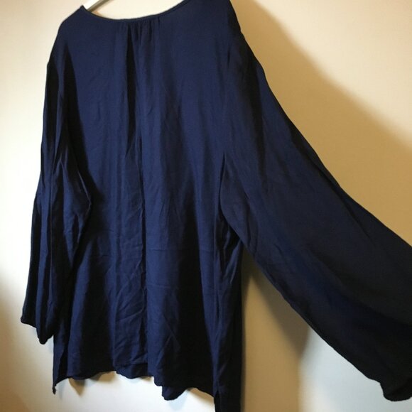 Dark Navy Blue Red Embroidered Peasant Sleeve Bohemian Tunic Shirt - Picture 8 of 15